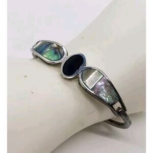 Vintage Bracelet Mexico 925 Sterling Silver Hinged Abalone Onyx Signed Butterfly